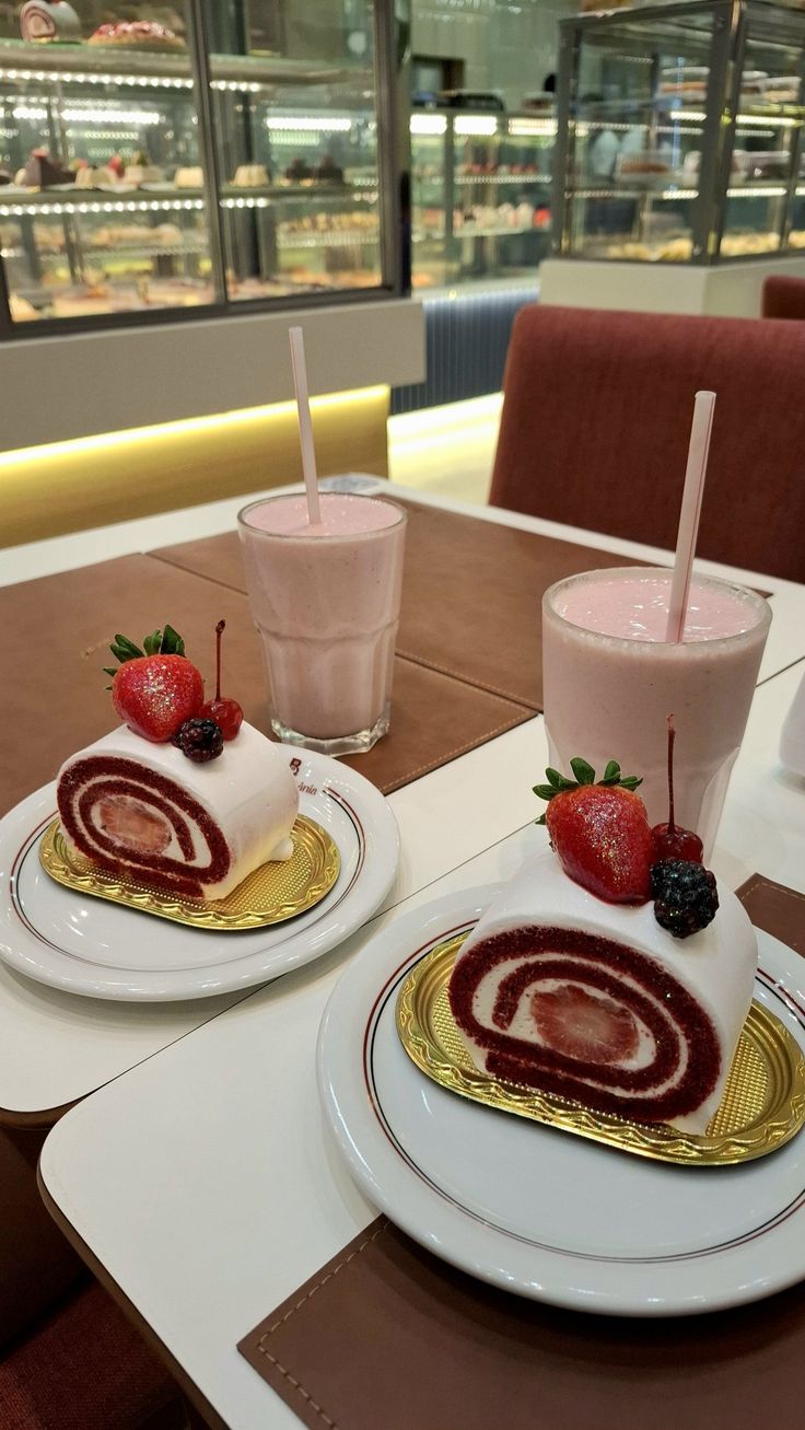 Rolls de red velvet con fresas y batidos de fresa